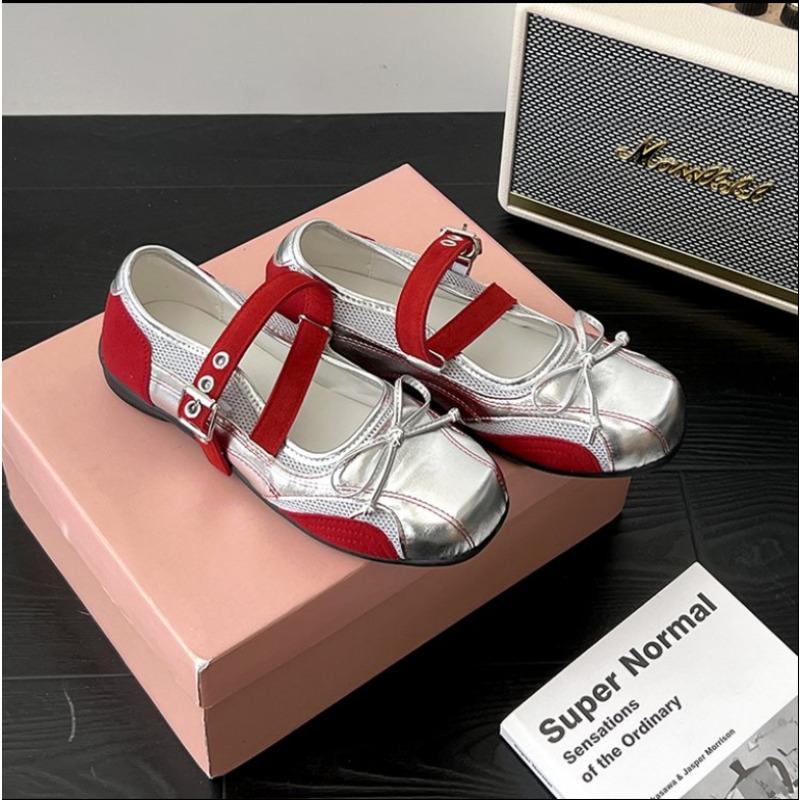 

Мода 2025 Дизайнерские серебристые туфли-лодочки с бантом, женские туфли на плоской подошве с квадратным носком, элегантные, с мягкой подошвой, туфли Мэри Джейн 35 красный
