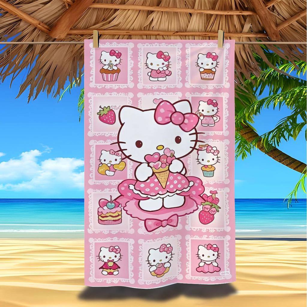 Kawaii Hello Kitty Strawberry Dessert Beach Towel Pink Lace Border Thin Durable Multipurpose Towel for Summer Outdoor Hiking