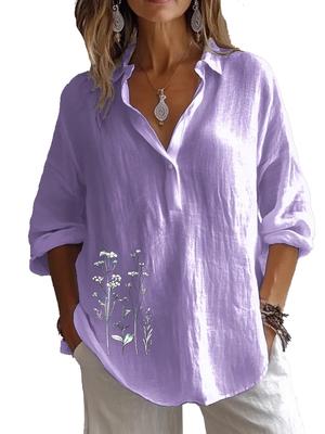 Plus Size Women Lapel Neck Cotton Linen 3/4 Sleeve Shirt Spring&Autumn Casual Floral Print Blouses