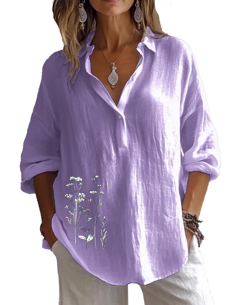 

Plus Size Women Lapel Neck Cotton Linen 3/4 Sleeve Shirt Spring&Autumn Casual Floral Print Blouses 3XL фіолетовий