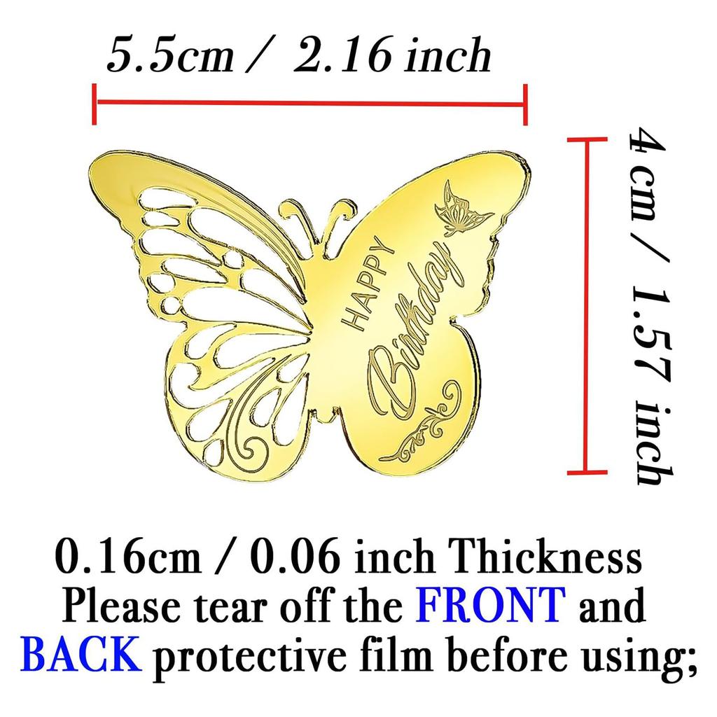 12 Pieces Acrylic Happy Birthday Butterfly Cupcake Toppers for Party, Engraved Mirror Acrylic Cake Disc for DIY Cupcake Decor
