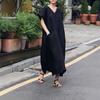Japanese Retro Linen V-neck Dress with Big Pockets (2025 Collection)