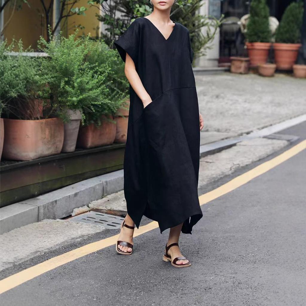 Japanese Retro Linen V-neck Dress with Big Pockets (2025 Collection)