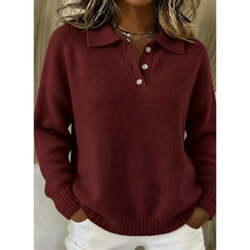 Women S Loose Fit Long Sleeve V Neck Polo Sweater With Buttons