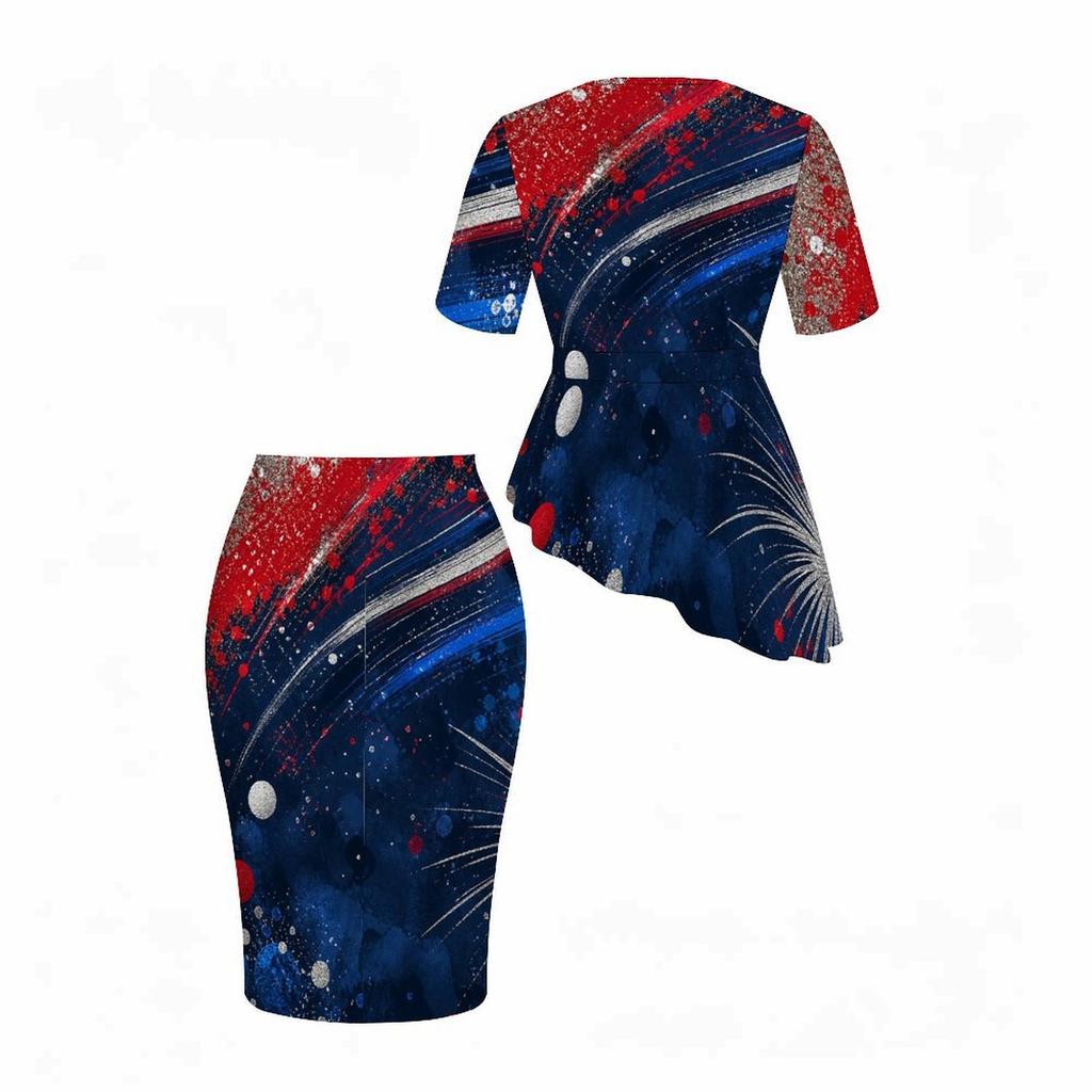 Women Plus Size Two Piece Skirt Set Round Neck Short Sleeve Printed Asymmetric Top Fitted Skirt Red Blue White