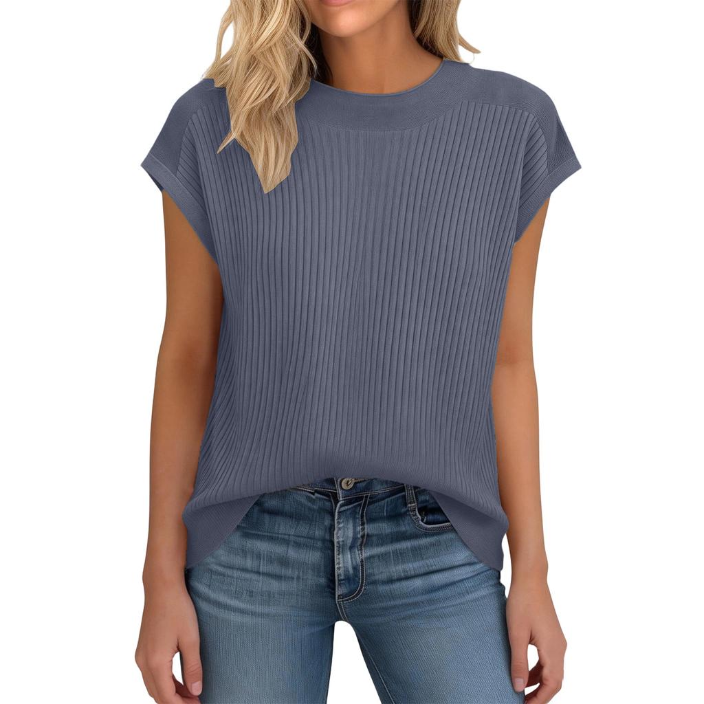 Women’s Crew Neck Ribbed Knit Short Sleeve Top Relaxed Fit Pullover Lightweight Soft Stretchy Casual Blouse for Daily Wear