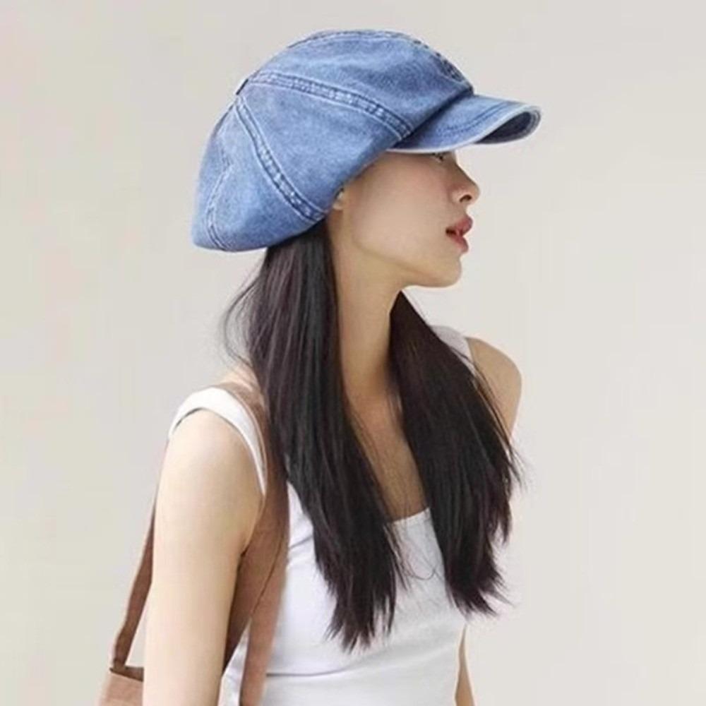 Washed Cloth Denim Octagonal Hat Head Circumference Cloud Hat Casual Denim Beret  Girl