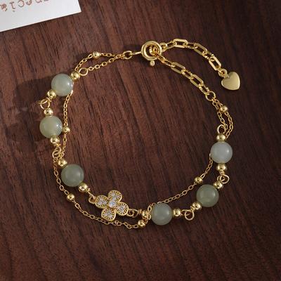 Flower Nongying Bracelet Four-leaf Clover Hetian Jade Bracelet Small Fresh Mori Double Layer Stacked Jewelry Gift