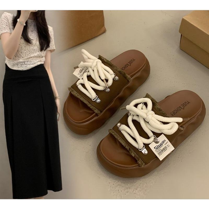 Mode Damen Cowboy Hausschuhe Schnür-Flache Sandalen Plateau Freizeitschuhe 2025 Trend Komfort Sommer Offene Zehen Mujer Pantoletten