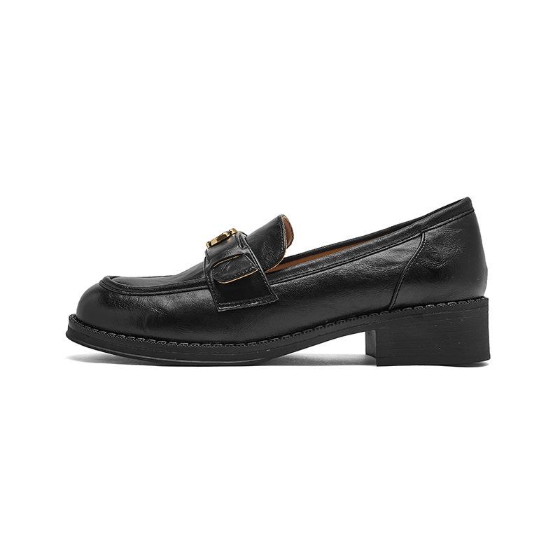 Augustine black loafers women's 2025 new spring and summer platform camellia British style retro small leather shoes