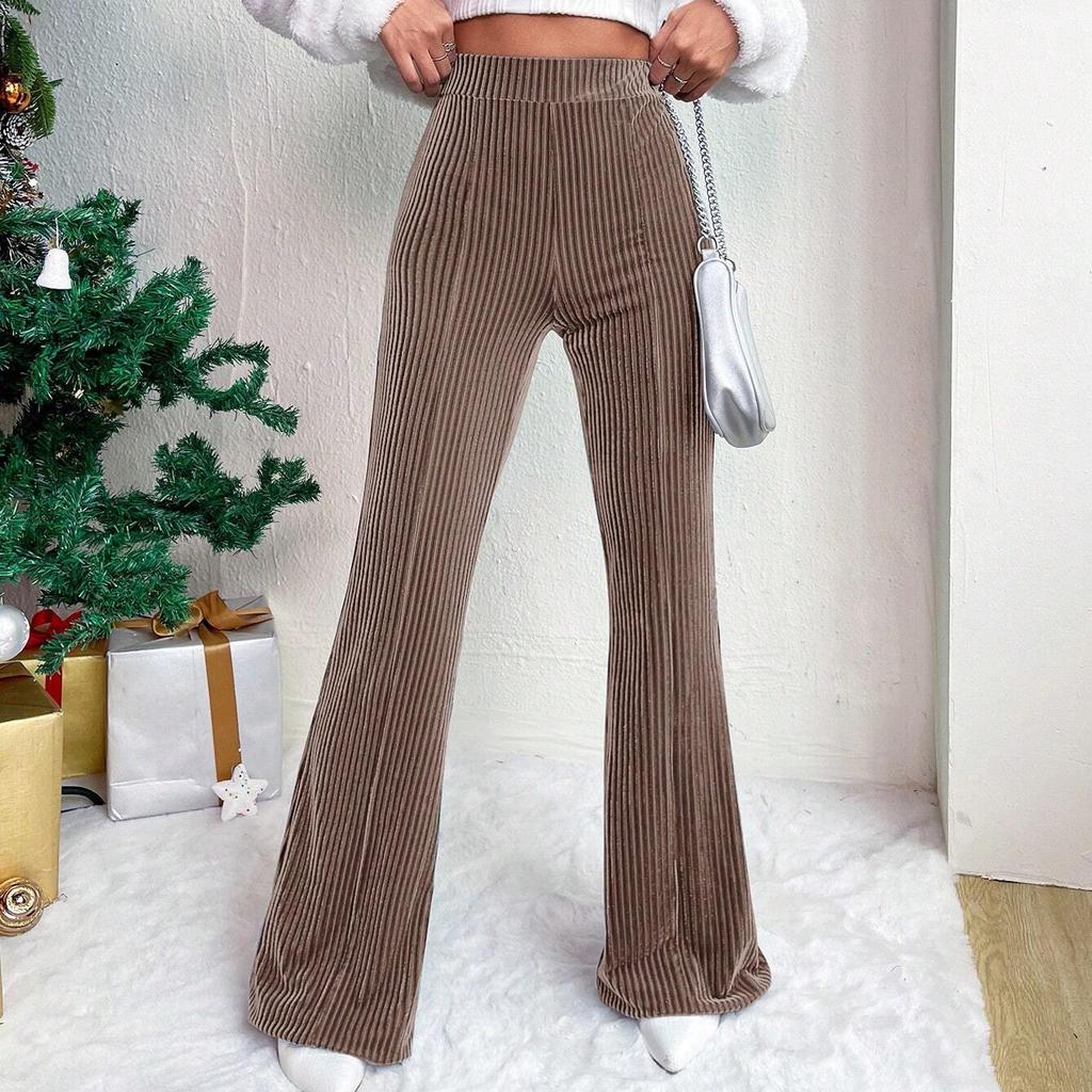 New High-Waisted Corduroy Bell Bottom Pants, Solid Color Casual Wide-Leg Sweatpants for Women