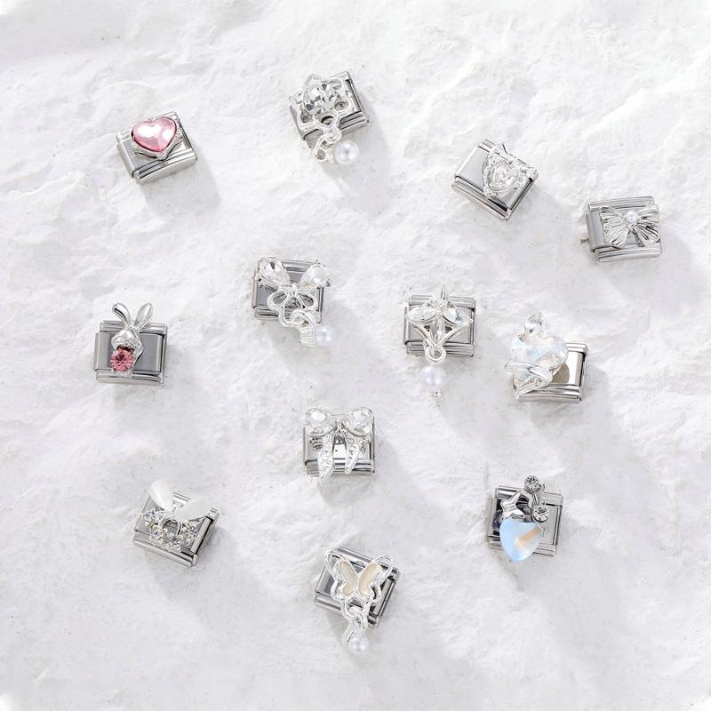 Zircone Brillante Farfalla Fiocco Cuore Link Charm Italiani Adatti per Bracciale in Acciaio Inossidabile da 9mm Gioielli da Donna Fai da Te Creazione Regali
