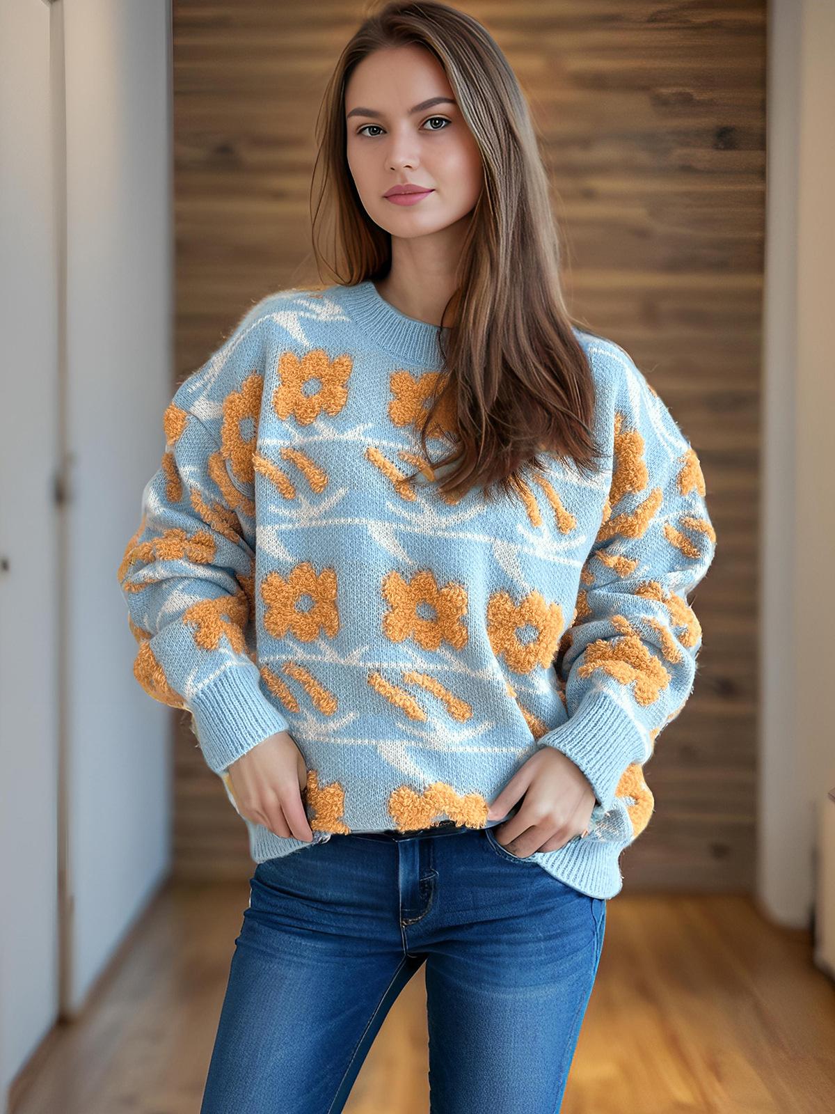 Осень и Зима Новый Милый и Симпатичный Стиль Цветочный Жаккард Вышивка Полотенцем Вязаный Круглый Вырез Толстый Свитер для Женщин 3579 S 2948₽