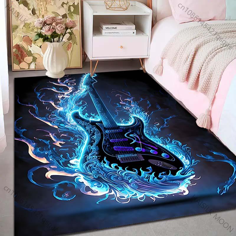 1 Stück Elektrische Gitarre Blaue Flammen Muster Teppich Teppiche für Schlafzimmer Wohnzimmer Sofamatte Kreative Fußmatte Garderobe Heimdekoration