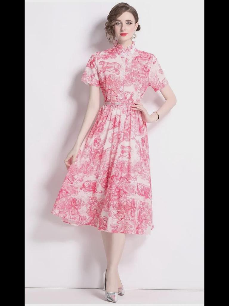Butterfly Ink Print Slim Fit Swing Dress - Blue & White, Summer 2024