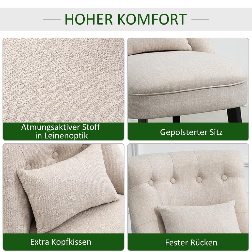 Weicher Polster-Sessel mit Rückenkissen, zum Lesen und Entspannen, Stoffbezug in Leinenoptik, 52,5 x 69 x 77 cm, Cremeweiß