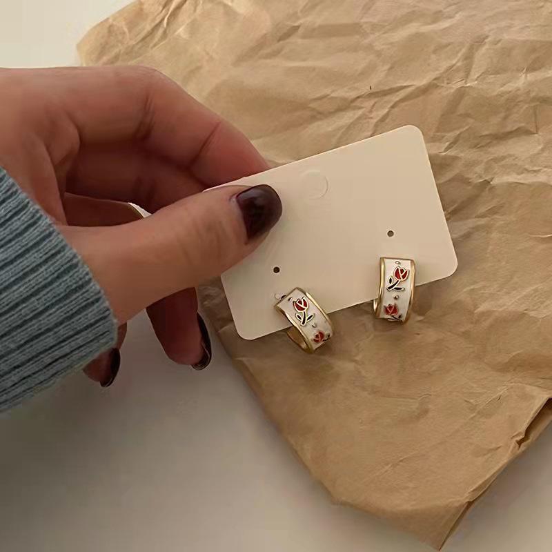 925 Silver Needle French Retro Enamel Tulip C-Shaped Earrings - Light Luxury Floral Design for Women
