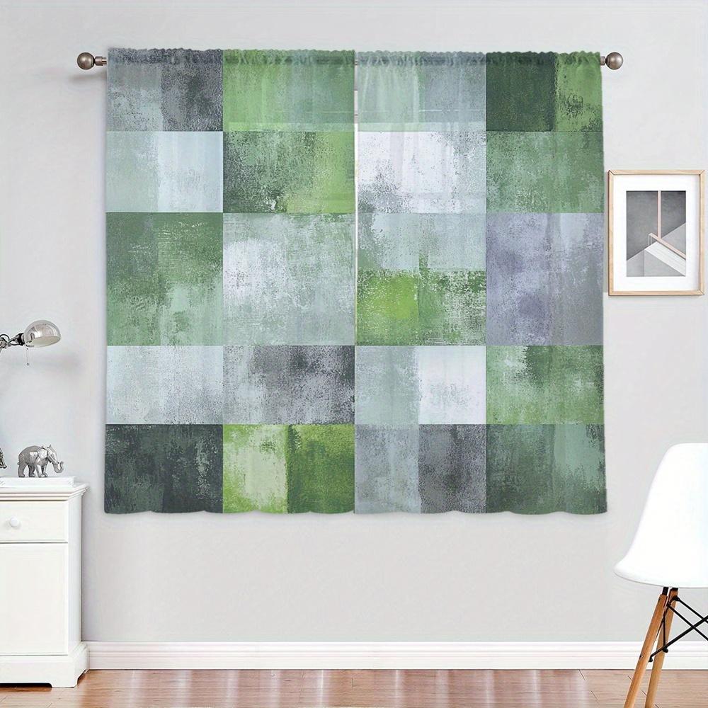 Green Gray Mottled Block Print Curtains Set of 2 Rod Pocket Semi Sheer for Living Room Bedroom Decor