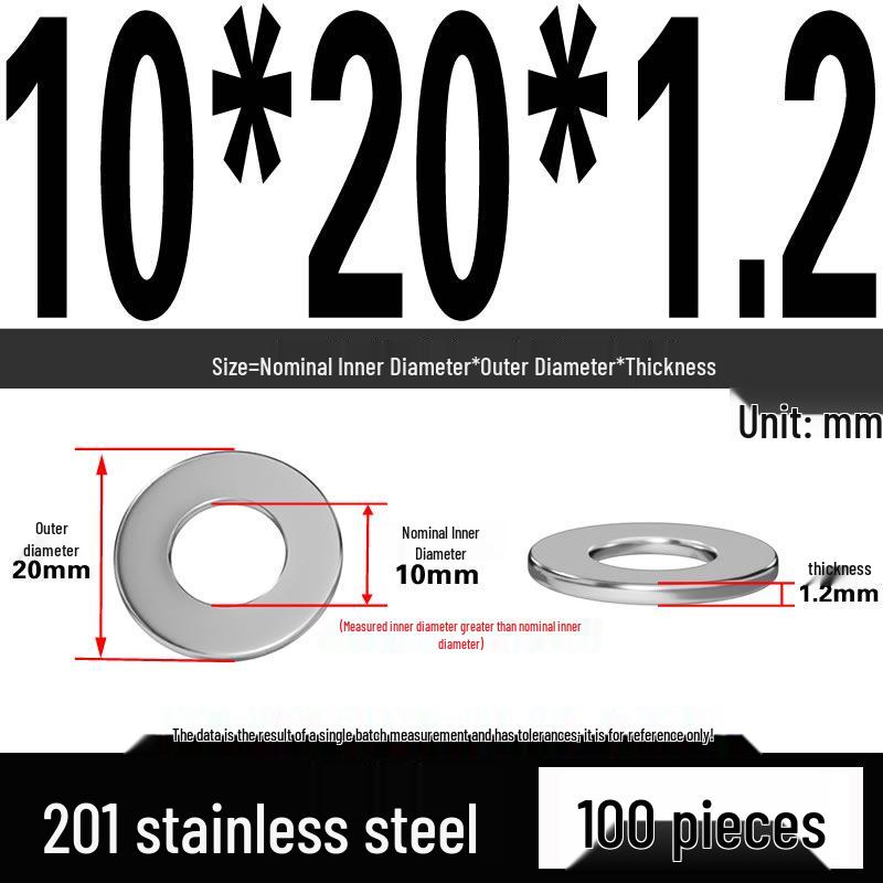 201 Stainless Steel Flat Washer Shim, GB97, Sizes M3 to M30