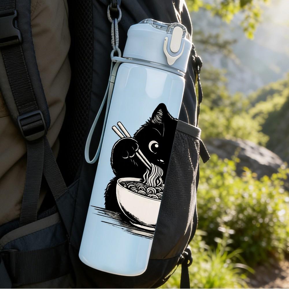 1PC Black Cat Eating Noodle Print 750ml Color Plastic Sports Water Bottle Leakproof Flip Straw Lid Suitable for Sports Office Home Use