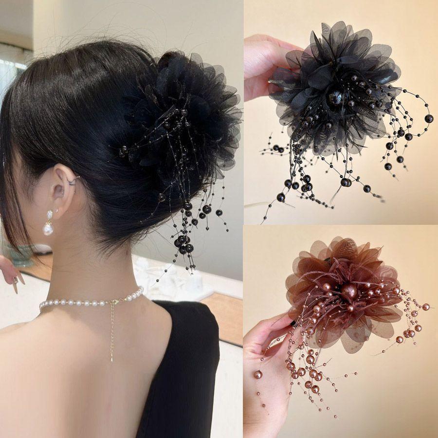 Elegant Mesh Flower Hair Clip For Women Elegant Pearl Tassel Shark Clip Girl Ponytail Clip Hair Accessories