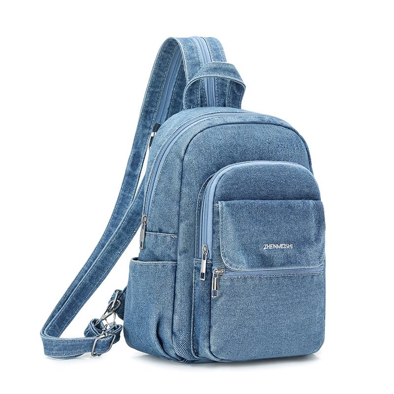 Denim Small Backpack Women s Backpack Multi-functional Chest Bag светло-синий