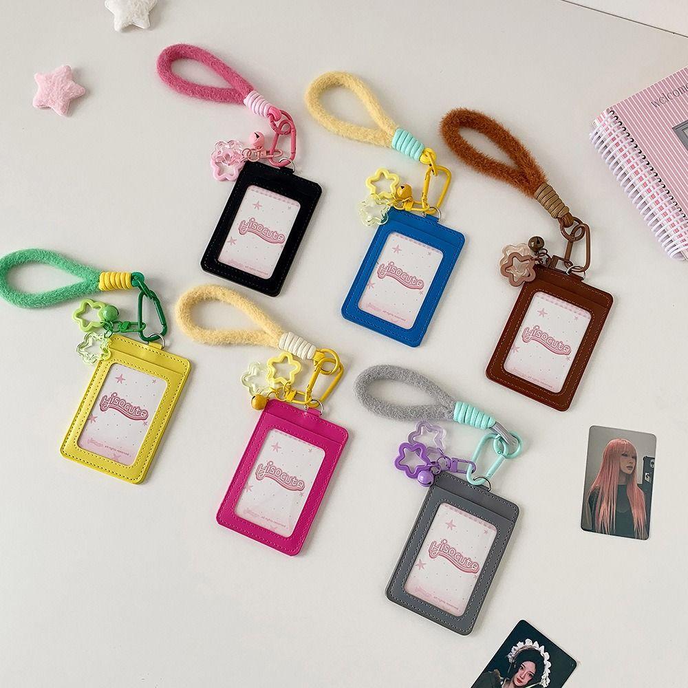 Kawaii PU Leather Card Holder Double Card Slot with Lanyard ID Card Card Holder Photos Protective Cover