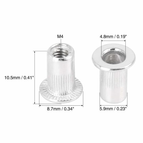 uxcell 110pcs M4 Flat Head Rivets with Threaded Insert Nuts, Aluminum Alloy, Silver Tone, for Cars