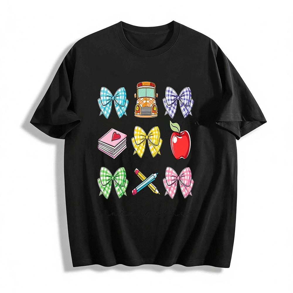 

Kindergarten Gingham Bow School Bus Apple Print Kids Top Pure cotton T-shirt XXS