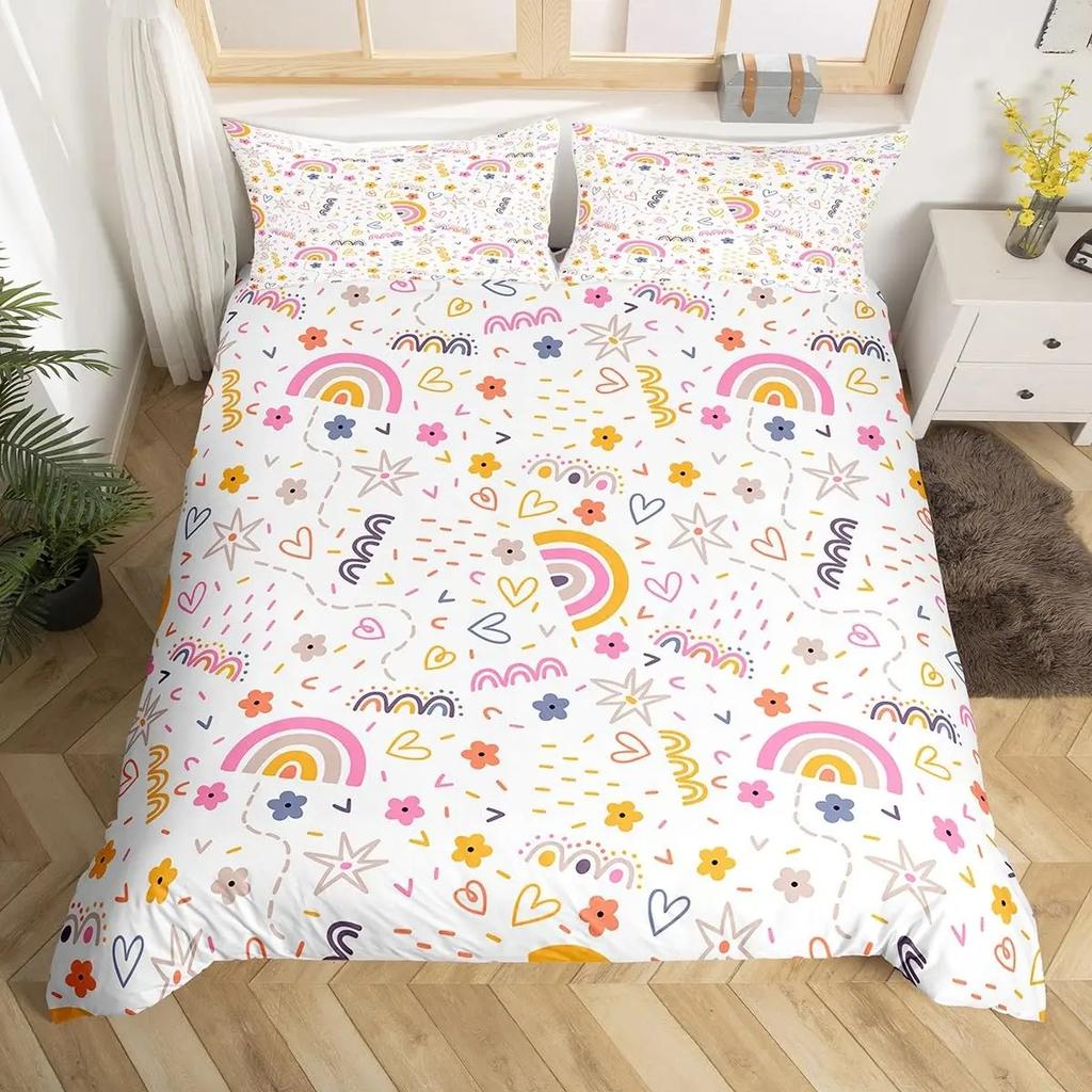 Rainbow Duvet Cover Girly Pink Cartoon Bedding Set Kids Girls Cute Clouds Crown Comforter Cover Kawaii Glitter Stars Quilt Cover