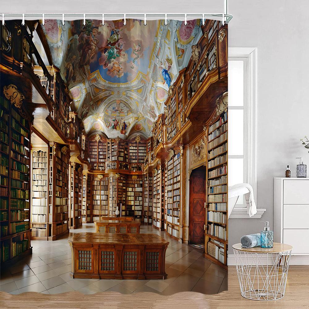 Vintage Bücherregal Duschvorhänge Retro Bibliothek Europäischer Stil Bücherregale Badezimmer Dekorationen zum Studieren Retro Badvorhang
