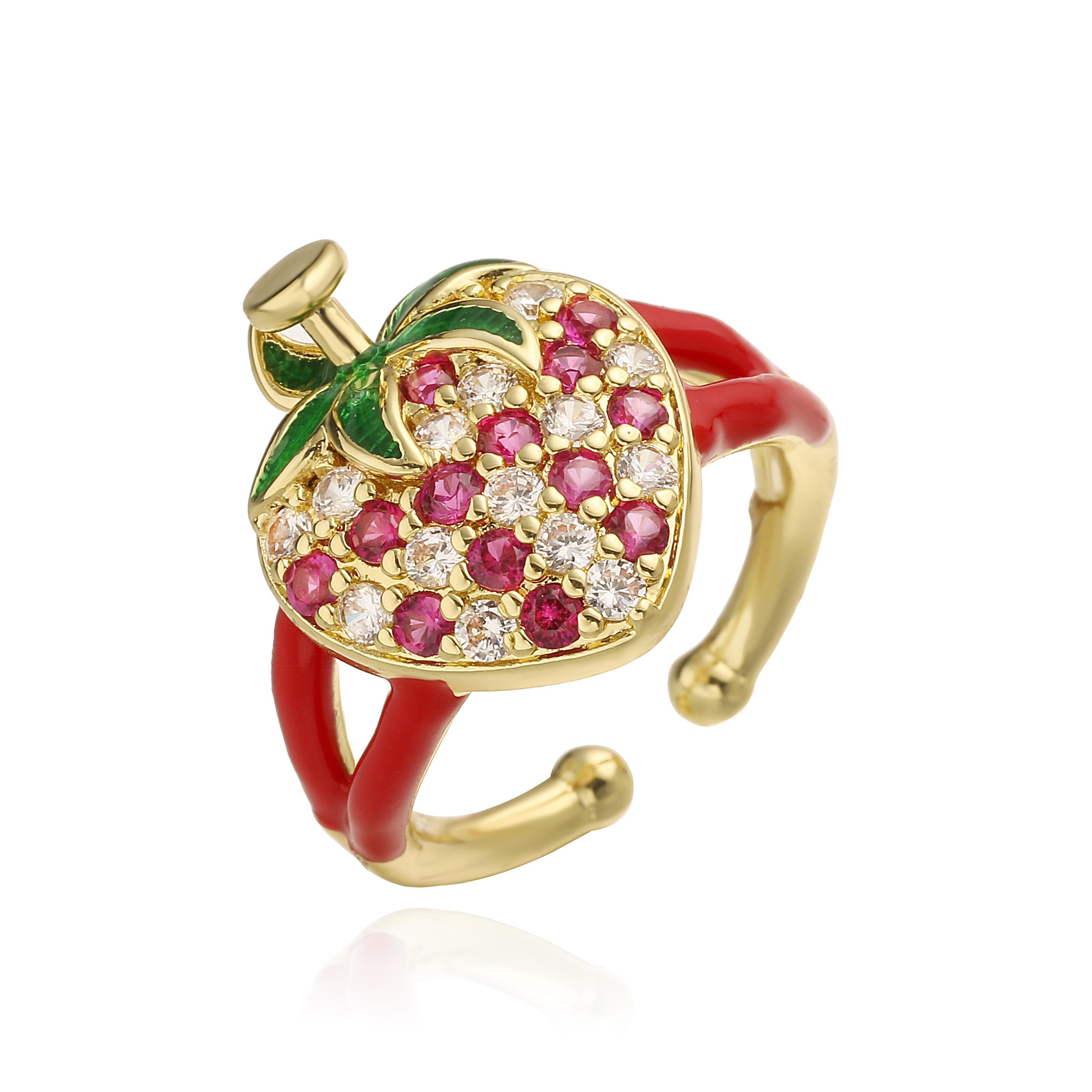 

HECHENG, Rose Red Half Jewel Strawberry Cherry Adjustable Ring Luxury Minimalist Women s Copper Metal Zircon 1 Piece resizable