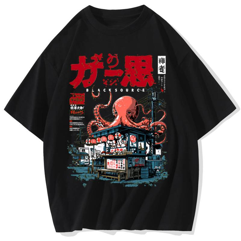 

Japanese Takoyaki Tshirt with octopus balls graphic Print tshirts for street food lovers Anime Cotton Loose Top Vintage overs S