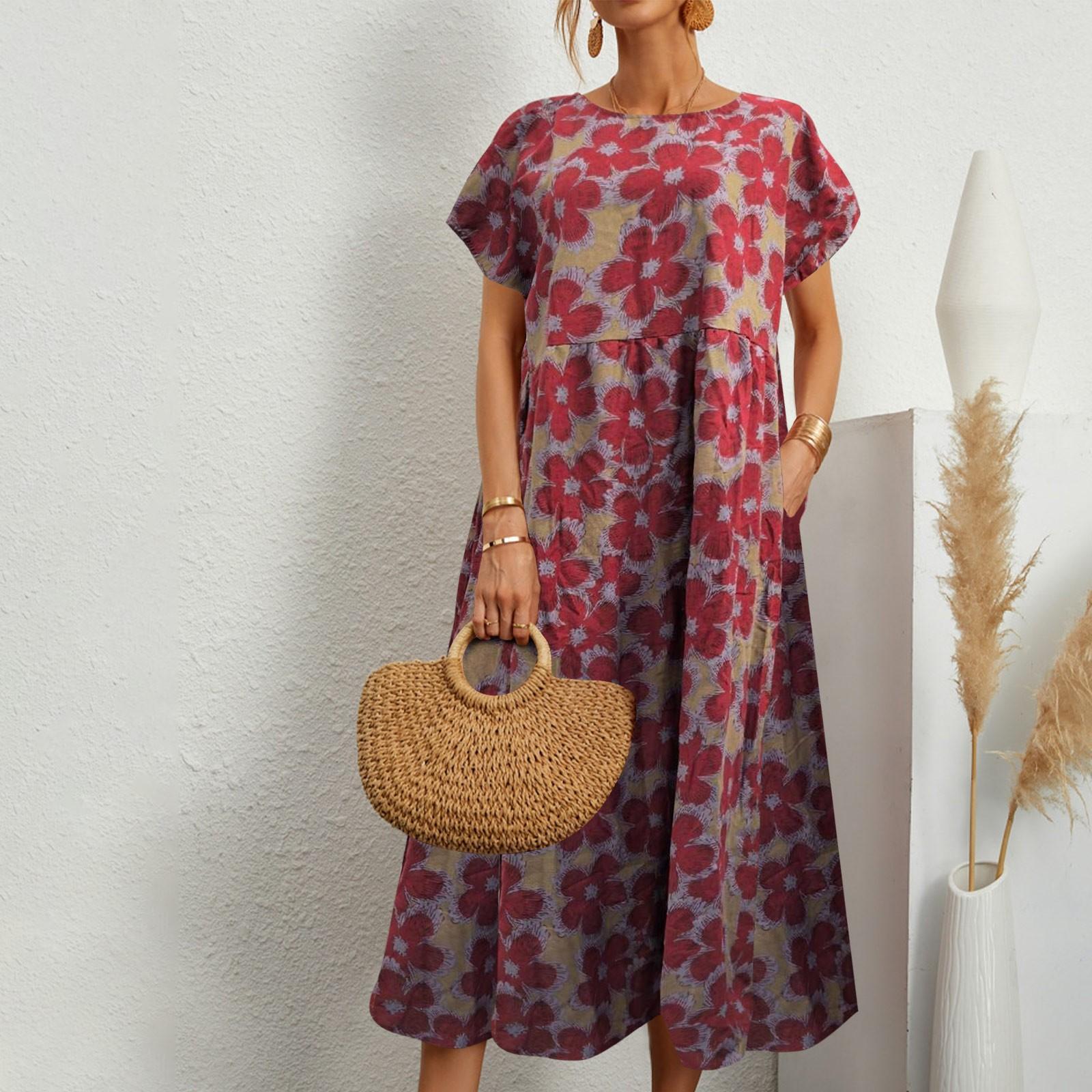 

Women s New Summer Short Sleeve Loose Cotton And Linen Fashion Crew-neck Print Dress S красный