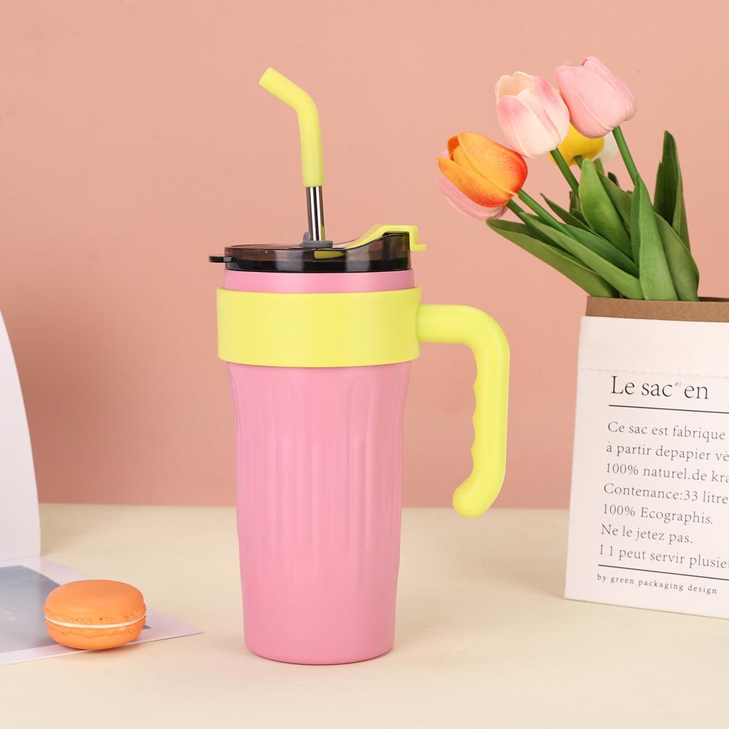 New Dopamine Handle Cup Double-layer Vacuum Large-capacity Straw Thermos Cup Outdoor Portable Car Ice Cup