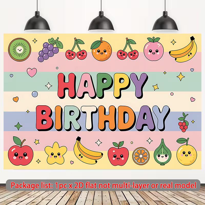 2D Cute Fruit Happy Birthday Backdrop Rainbow Stripes Photography Background for Kids