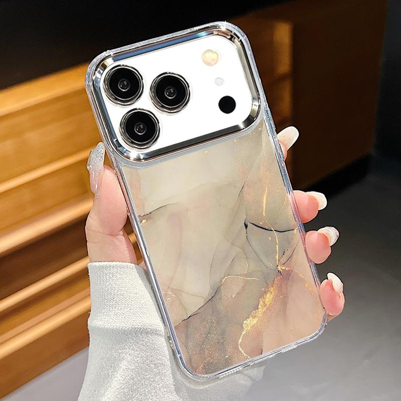 Sandstone Marble Pattern Case For iPhone 17 Pro Max Plating Lens Frame Clear Soft Cover For iPhone 16 15 14 13 Pro Max 11 16E 17E
