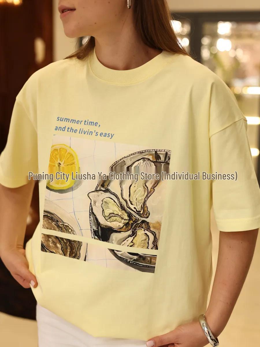 

Hong Kong Style Pure Cotton Printed Short Sleeve Summer T-shirt Medium абрикосовый