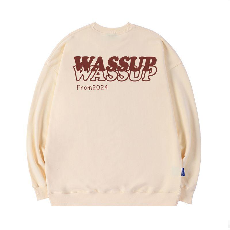 Wassup Trendy Brand Autumn and Winter 2024 New American High Street Retro Round Neck Sweatshirt for Men with Fleece Pullover Top