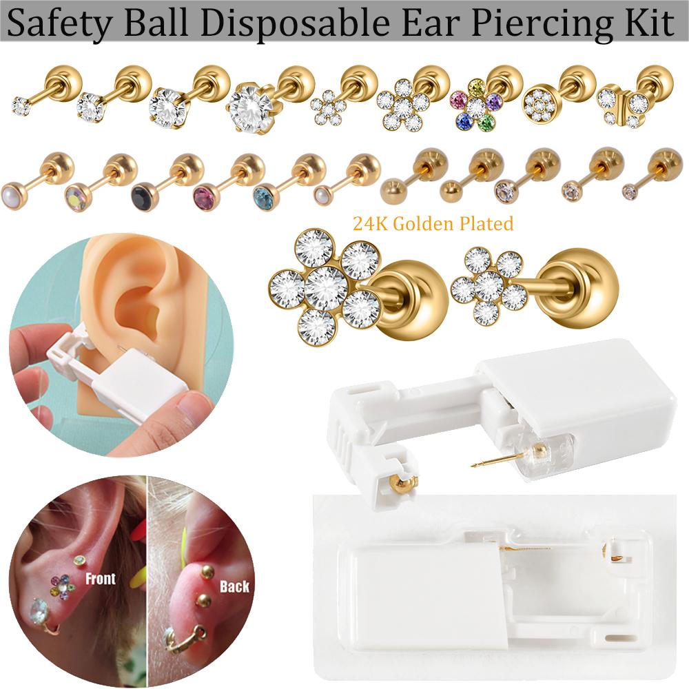 Easy To Use 24K Gold Plated Different Crystal Safe Ball Ear Piercing Gun Kit Disposable Disinfect Earring Piercer Machine Studs