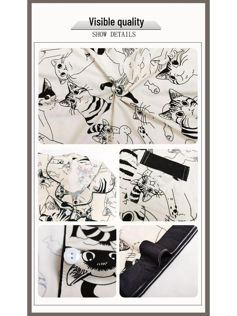 Women's Cartoon Cat Pajama Set - Summer Cardigan, Short Sleeve, Shorts, Loose Plus Size Loungewear