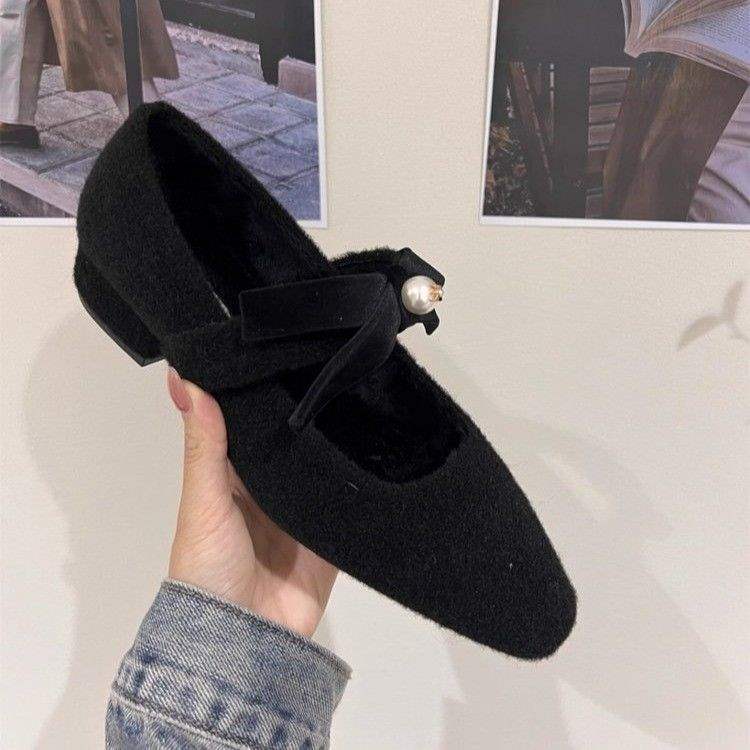 Mao Mao shoes women wear small fragrant woolen thick heel square head Mary Jane shoes feel retro gray velvet single shoes