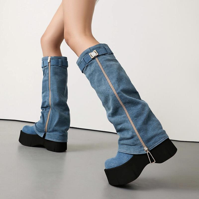 Blue Denim Riveted Women Motorcycle Boots Belt Buckle Design 9cm Thick Heel Knight Knee High Boots European American Style 43
