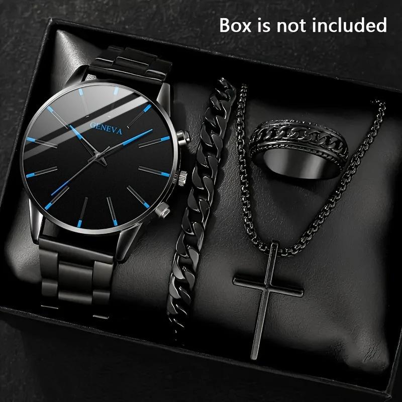 Men S Gift Watch Belt Steel Belt 4-Piece Set Fashion Glass Mirror Quartz Watch Men S Business Watch