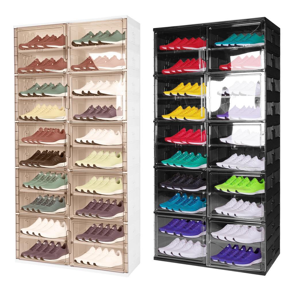 10 Tiers Foldable Shoe Rack Organizer with Magnetic Clear Door Collapsible Shoe Cabinet Plastic Shoe Storage Box for Living Room