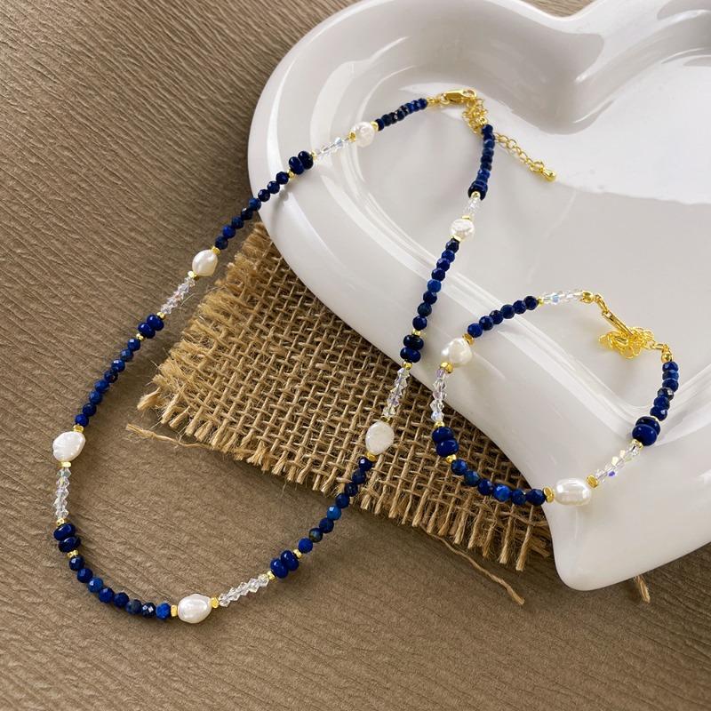 Collier Meier en lapis-lazuli naturel et perles d'eau douce baroques naturelles - Choker cristal splicing pour femmes