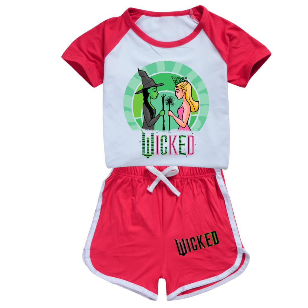Kids Girls Witch Print Short Sleeves T-Shirt Shorts Pants Sport Clothes Set