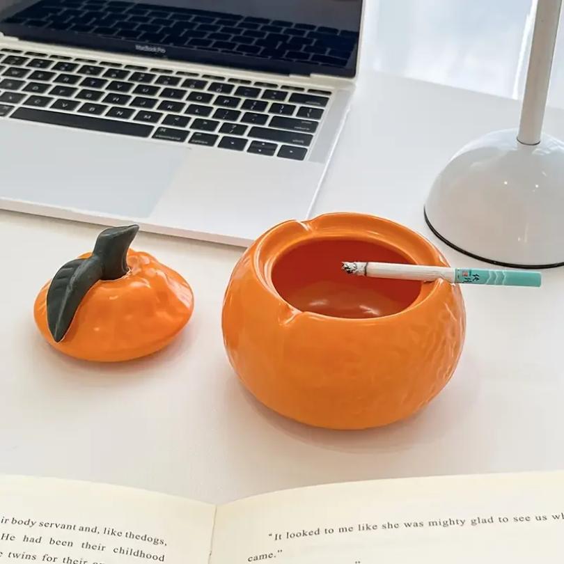 New Creative Ceramic Orange with Lid Ashtray Cute Irregular Creative Orange Decorative Multi Functional Jar