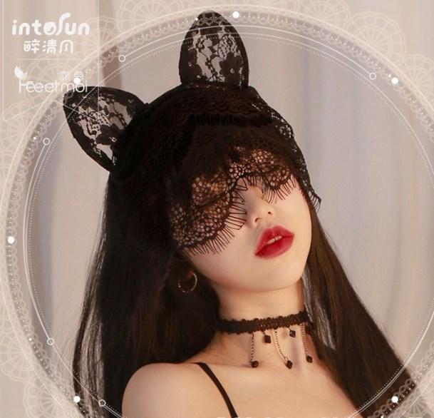 Makijaż na Imprezę Halloweenową Cosplay Dziewczyna Kot Strój Głowy Czarna Koronkowa Welon Uroczy Kot Uszy Królika Biżuteria Opaska do Włosów