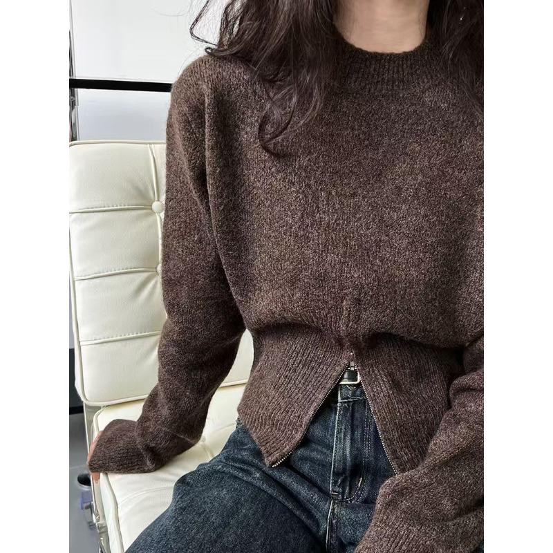 Autumn Round Neck Zipper Design Long Sleeved Knitted Sweater Loose Solid Color Casual Fashion Office Pullover Women Sweaters Female Clothing